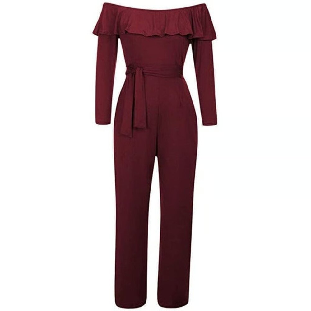 Burgundy Ruffled Overlay Off Shoulder Wide Leg Belted Jumpsuit Size L - Picture 6 of 9